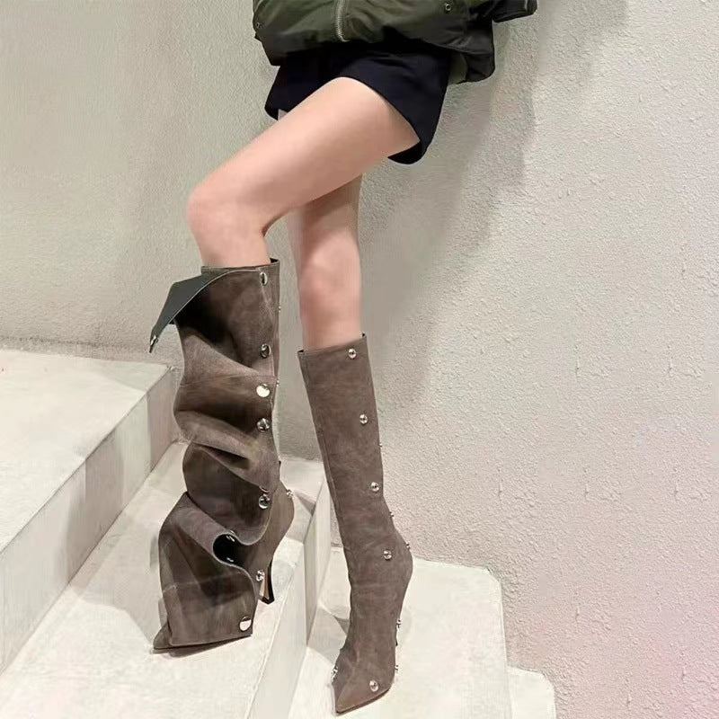 Punkgräfin Gothic Designer Boots – Irregular Punk Kniehohe Stiefel, braun & blau