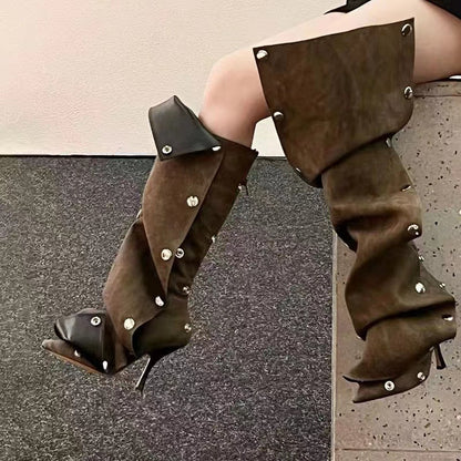 Punkgräfin Gothic Designer Boots – Irregular Punk Kniehohe Stiefel, braun & blau