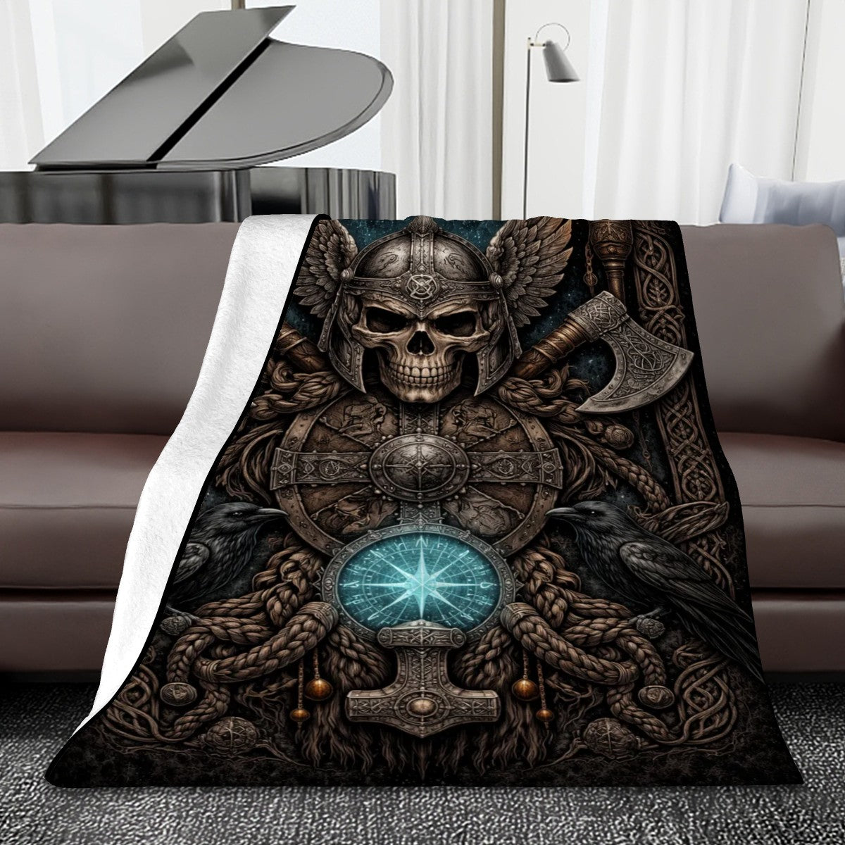 Gothicbro Keltische Flanelldecke Walhalla-Wächter mit nordischen Kriegerschädel und Thorshammer