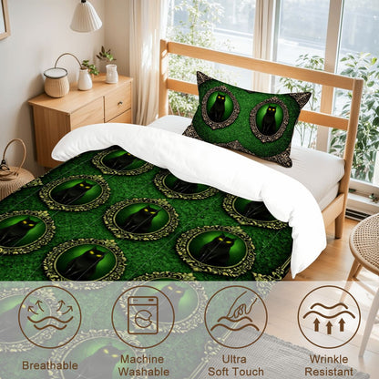 Gothic Bettwäsche grün, schwarze Katze, Twin Comforter Set Dark Aesthetic, Gothicbro Bettdecke mit Kissenbezug