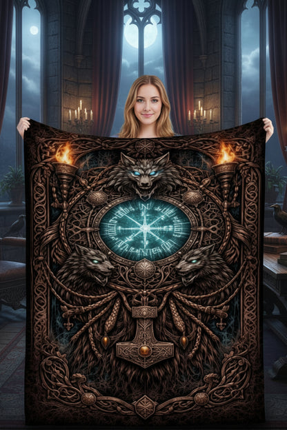 Gothicbro Keltische Flanelldecke Runenwächter mit Wölfen und Thorshammer
