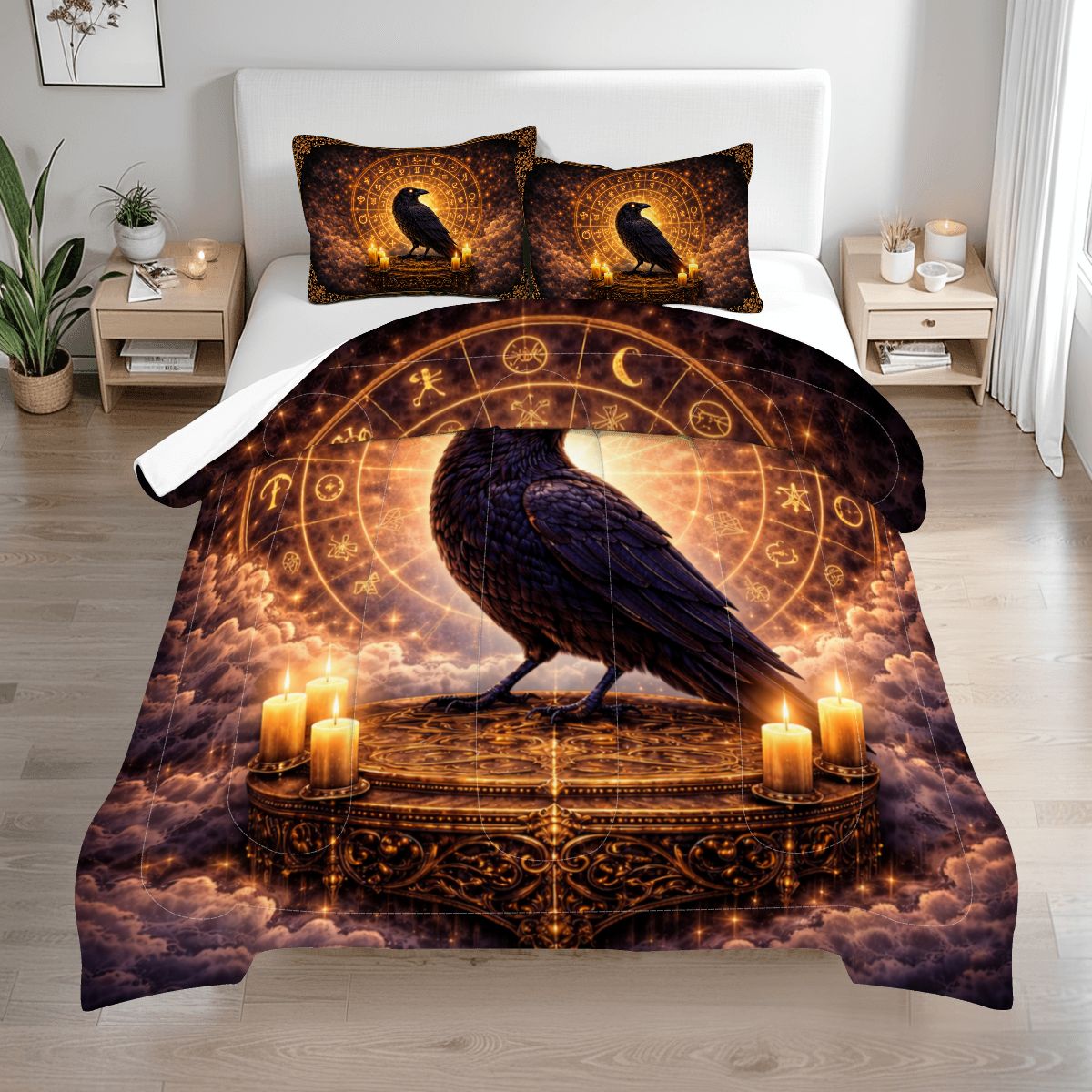 Gothic Bettwäsche Queen 3-teilig mit Rabe, Tierkreis & Kerzenlicht, mystisches Comforter Set