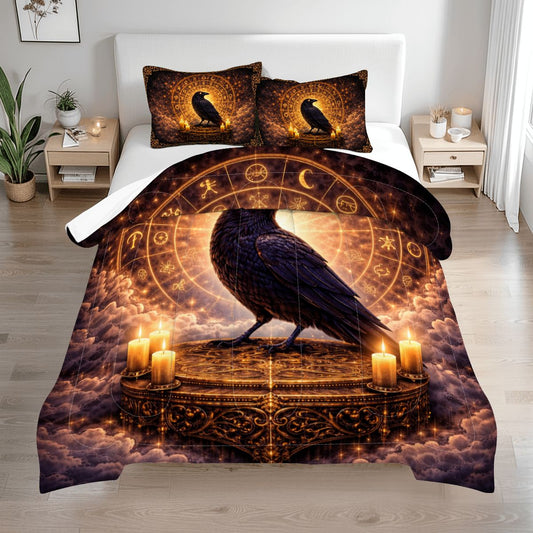 Gothic Bettwäsche Queen 3-teilig mit Rabe, Tierkreis & Kerzenlicht, mystisches Comforter Set