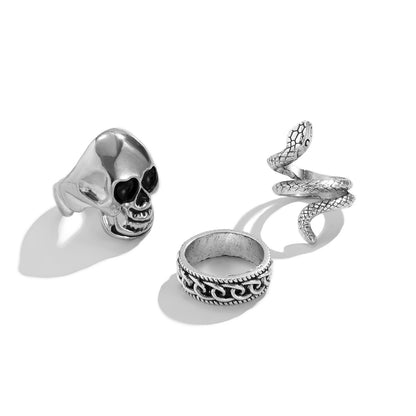 Totenkopf & Schlangen Ring Set – Punk Skull Snake Retro Ring Set Silber