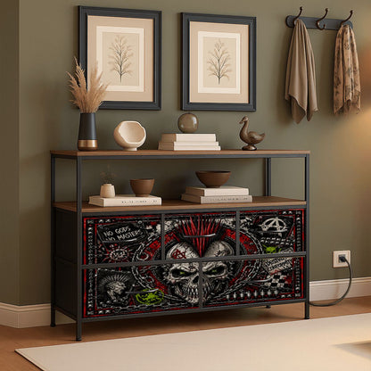 Punk TV Lowboard TV Stand, Designer Sideboard NO GODS NO MASTERS Steckdosenleiste & USB-Ports