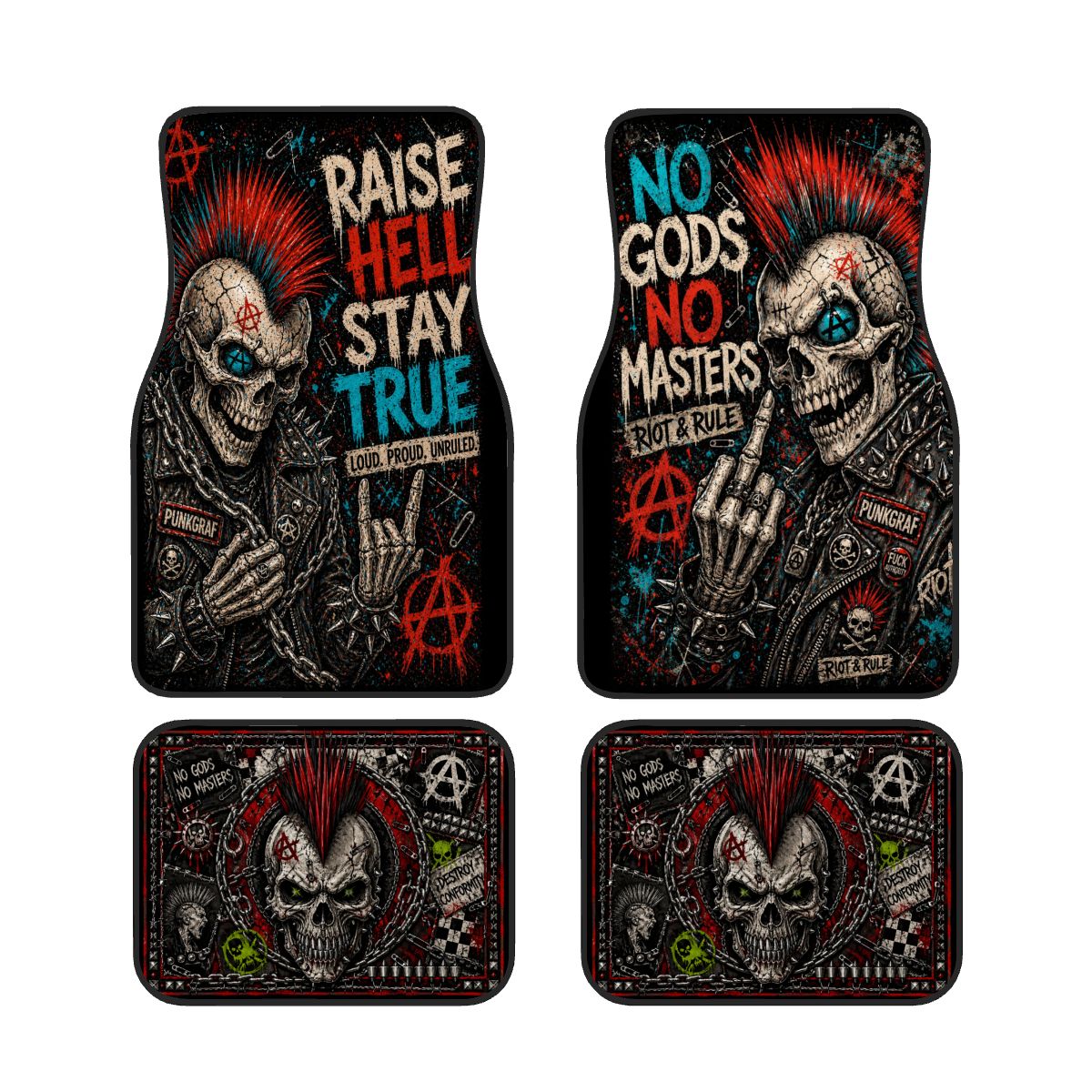 Punk Auto Fußmatten, Punkgraf Automatten Set NO GODS NO MASTERS Fußmatten, 4-teiliges Car Mat Set