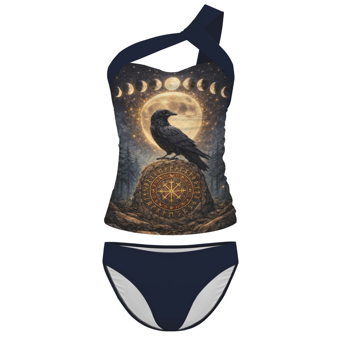 Gothic Wikinger Bikini Damen, Raben auf Keltischen Runenstein Badeanzug mit Mondphasen