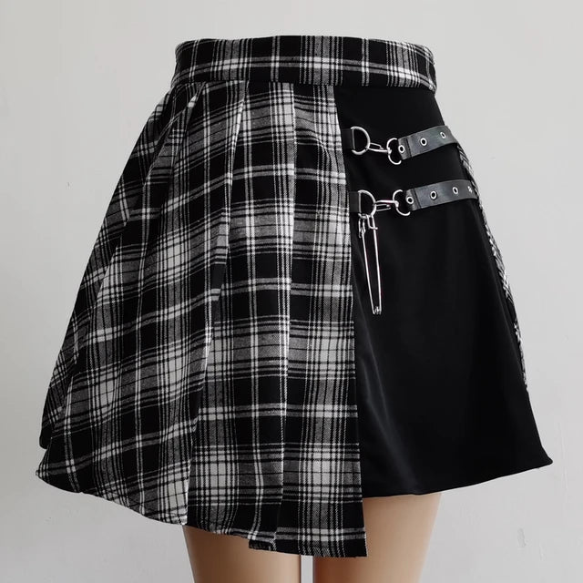 Punkgräfin Karierter Minirock Damen – Gothic Plaid Rock mit Riemen