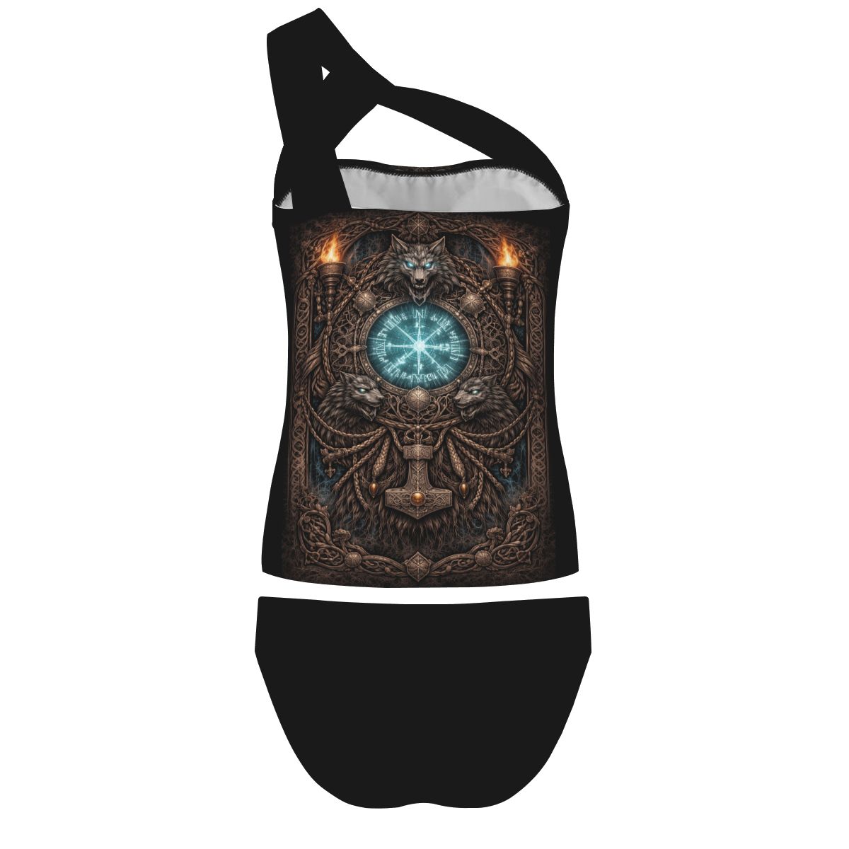 Gothic Bikini Damen, One Shoulder Bikini Schwarz, Gothicbro Zweiteiler mit Wikinger Totenkopf Motiv