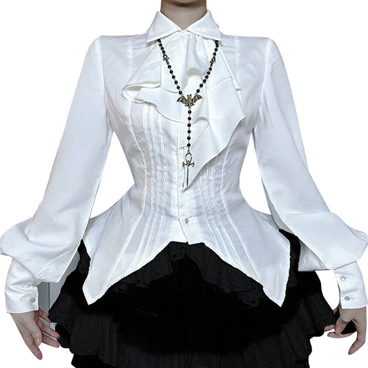 Gothicbro Gothic Lolita Bluse Weiß, Viktorianische Rüschenbluse mit Laternenärmeln