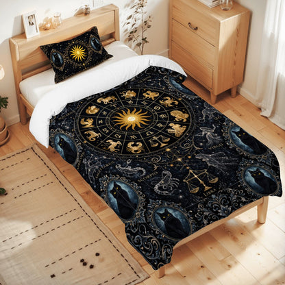 Gothic Zodiak Bettwäsche blau Astrologie Sternzeichen mit schwarzer Katze in viktorianischen Stil