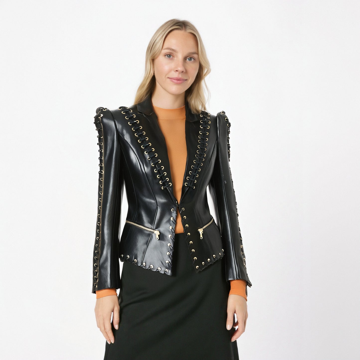 Punkgräfin Lace-Up Lederblazer – Designer Faux Leather Jacket