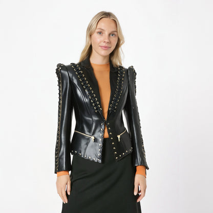 Punkgräfin Lace-Up Lederblazer – Designer Faux Leather Jacket
