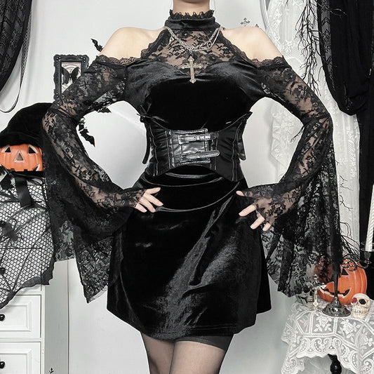 Gothicbro Schwarzes Gothic Spitzenkleid – Dark Velvet Lace Dress