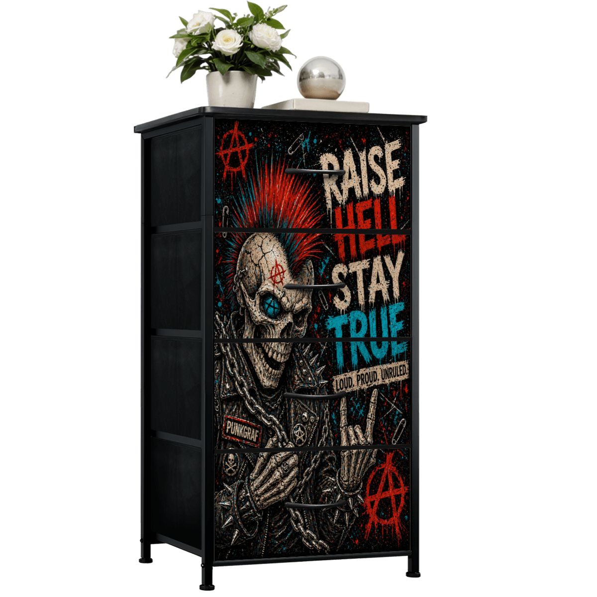 Punk Kommode Schubladenschrank, RAISE HELL STAY TRUE Designer Möbel, Rebellischer Dresser