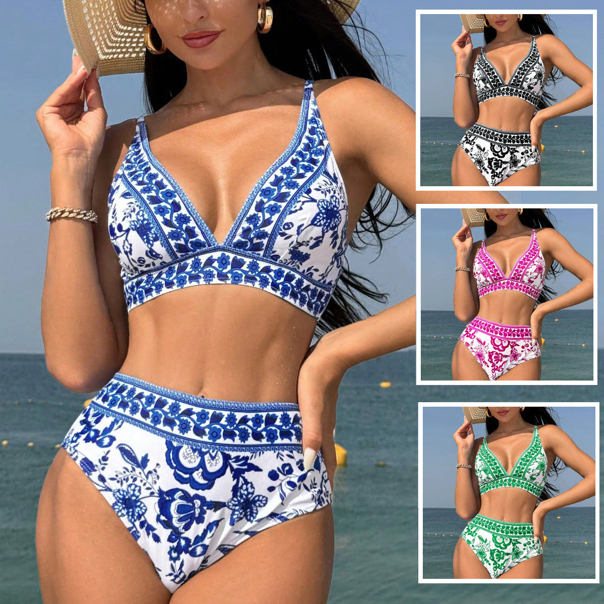 Muschibitch High Waist Print Bikini, sexy Zweiteiler mit V-Ausschnitt Beach Club