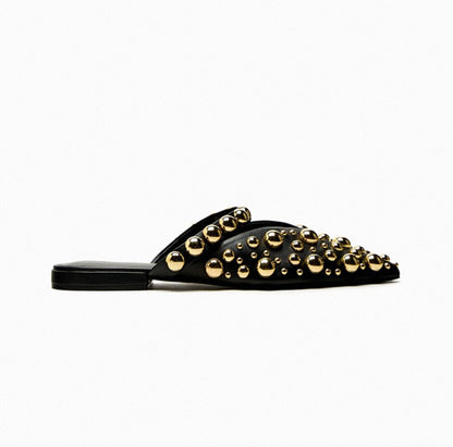 Punkgräfin Nieten Mules – Punk Designer Flats mit Gold Studs