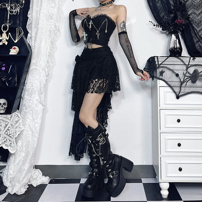 Gothicbro Gothic Korsett Top – Dark Cross Chain Lace Bustier