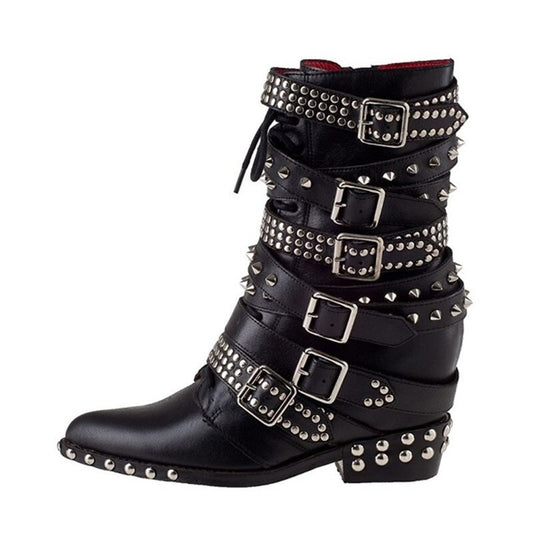 Punkgräfin Biker Boots Damen – Punk Leder Boots mit Nieten & Schnallen