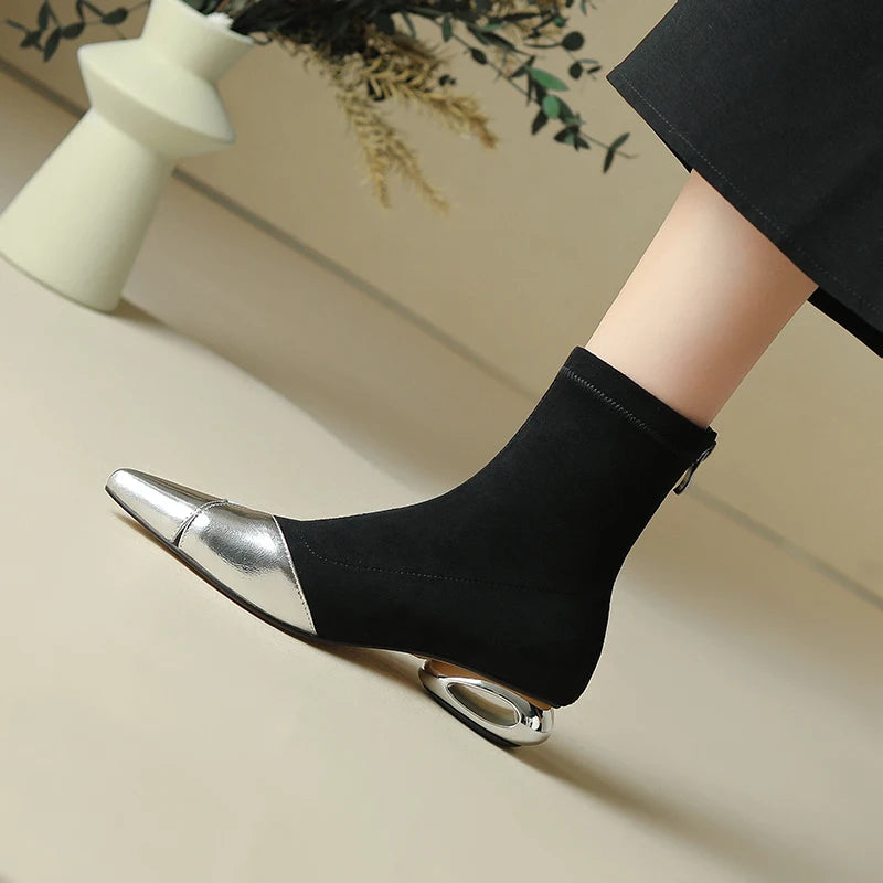 Punkgräfin Sock Boots Damen Schwarz Gold / Silber – Designer Ankle Boots mit Metallic Spitze