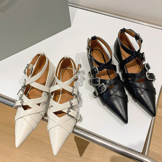 Punkgräfin Buckle Flats – Punk Leder Ballerinas mit Metall Schnallen