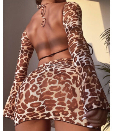 Muschibitch Leopard Print Bikini Set mit Ärmel und Rock 5-Teilig