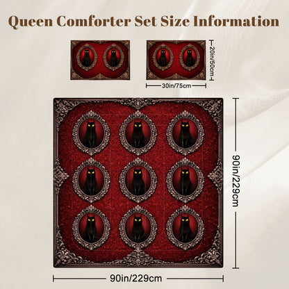 Gothic Queen Bettwäsche 3-teilig rot mit schwarzer Katze in viktorianischen Ornamentrahmen