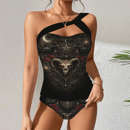 Gothicbro One Shoulder Skull Bikini Dark Romance Pentagramm Bademode Okkult Swimwear