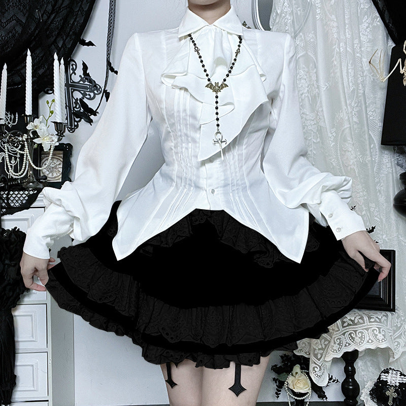 Gothicbro Gothic Lolita Bluse Weiß, Viktorianische Rüschenbluse mit Laternenärmeln