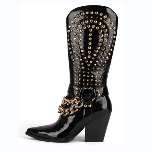 Punkgräfin Knight Boots – Punk Western Cowboy Stiefel Schwarz mit Nieten & Kette