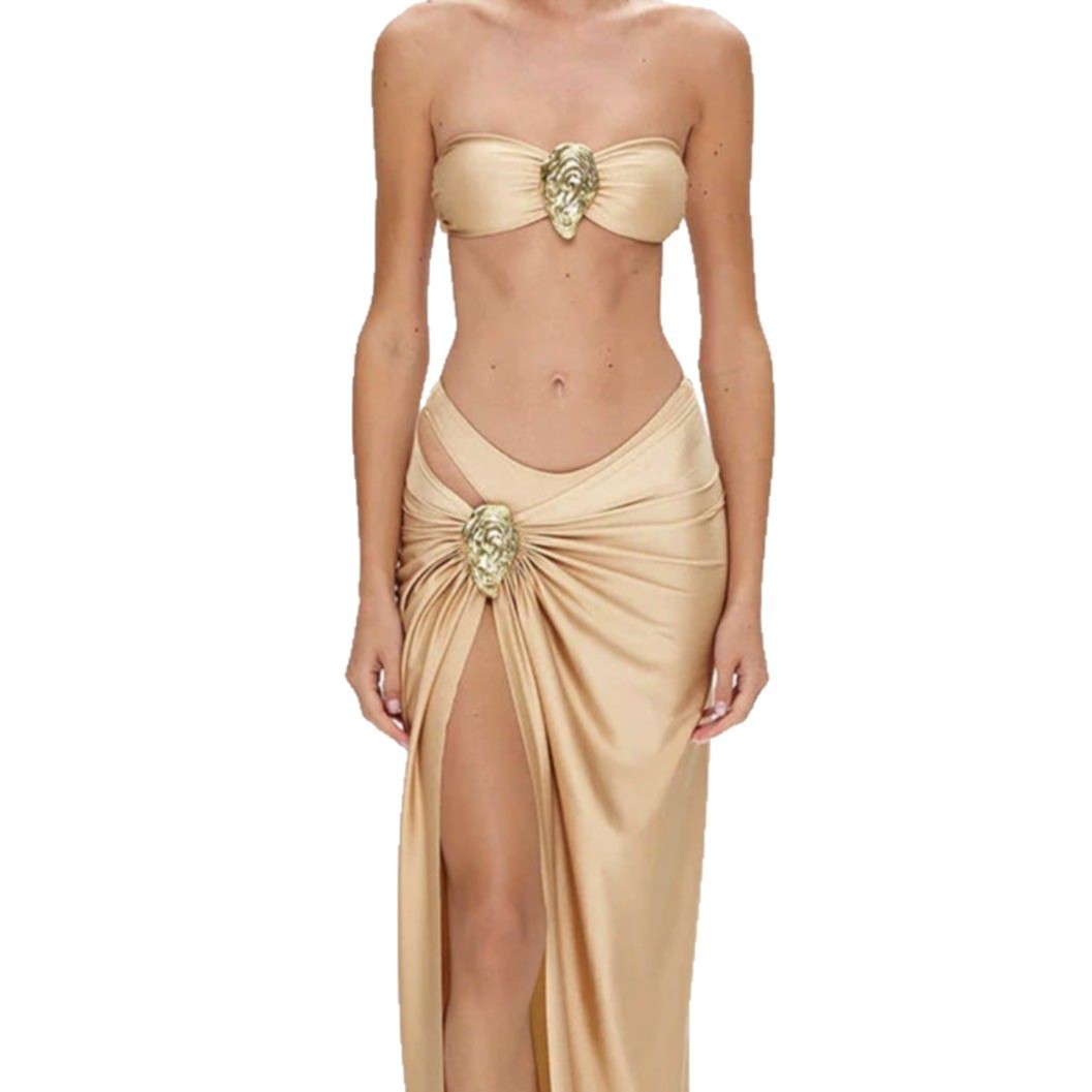 Muschibitch Bikini Set Damen 3-teilig Weiß Champagner mit Strandrock