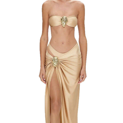 Muschibitch Bikini Set Damen 3-teilig Weiß Champagner mit Strandrock