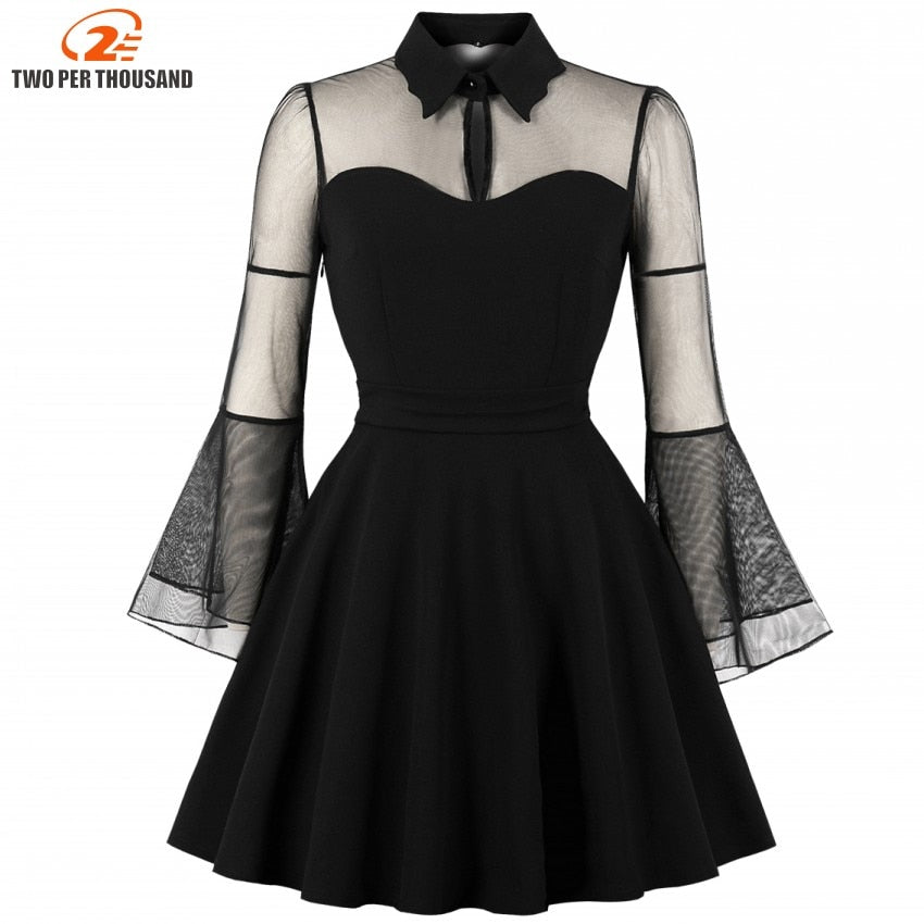 Gothicbro Gothic Kleid Schwarz – Mesh Mini Dress mit Flare Sleeves