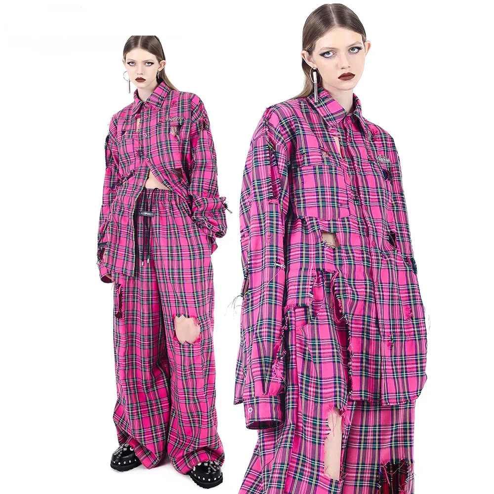 Punkgräfin Pink Punk Rock Set – Destroyed Checkered Shirt & Pants