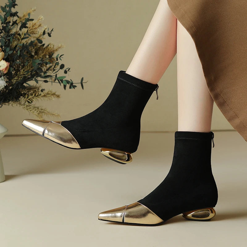 Punkgräfin Sock Boots Damen Schwarz Gold / Silber – Designer Ankle Boots mit Metallic Spitze