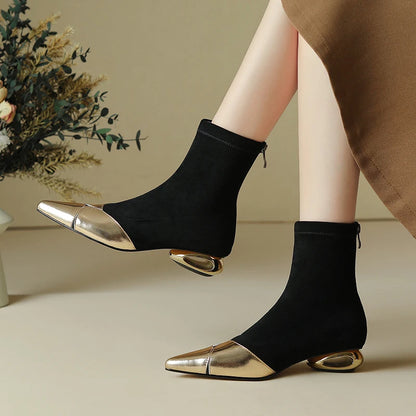 Punkgräfin Sock Boots Damen Schwarz Gold / Silber – Designer Ankle Boots mit Metallic Spitze