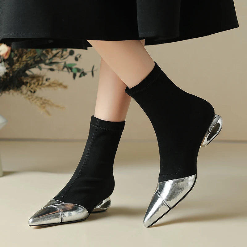 Punkgräfin Sock Boots Damen Schwarz Gold / Silber – Designer Ankle Boots mit Metallic Spitze
