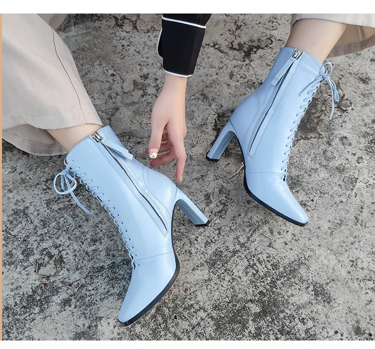 Punkgräfin Lace-Up High Heel Stiefeletten – Gothic Damen Ankle Boots mit Schnürung