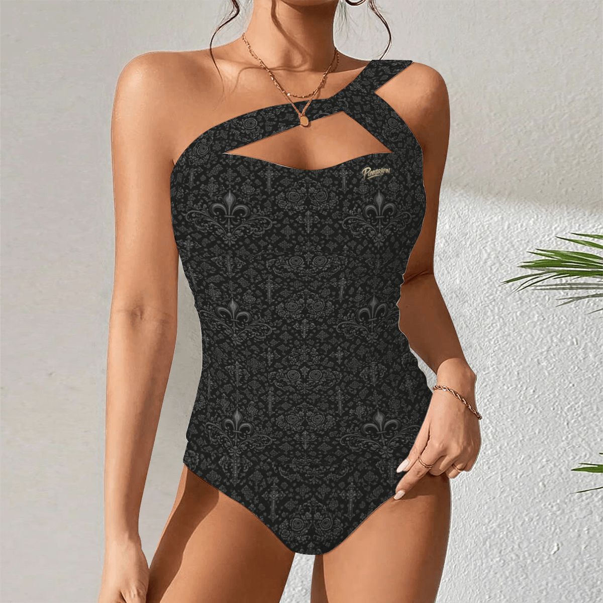 Punkgräfin Gothic Elegance – Asymmetrischer Tankini mit Rücken-Schnürprint von Punkgräfin