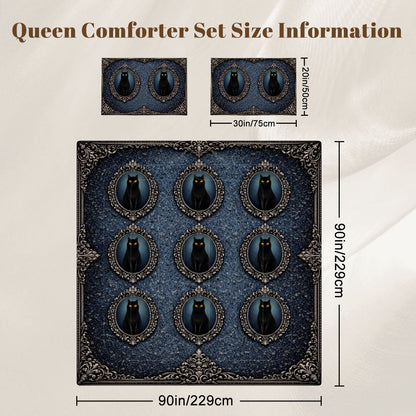 Gothic Queen Bettwäsche 3-teilig blau mit schwarzer Katze in viktorianischen Ornamentrahmen
