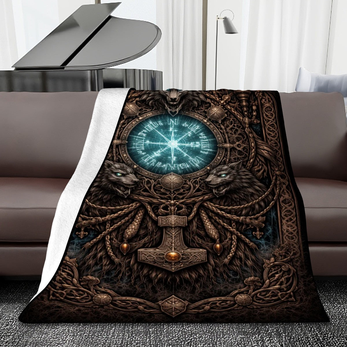 Gothicbro Keltische Flanelldecke Runenwächter mit Wölfen und Thorshammer