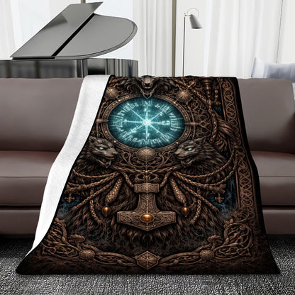 Gothicbro Keltische Flanelldecke Runenwächter mit Wölfen und Thorshammer