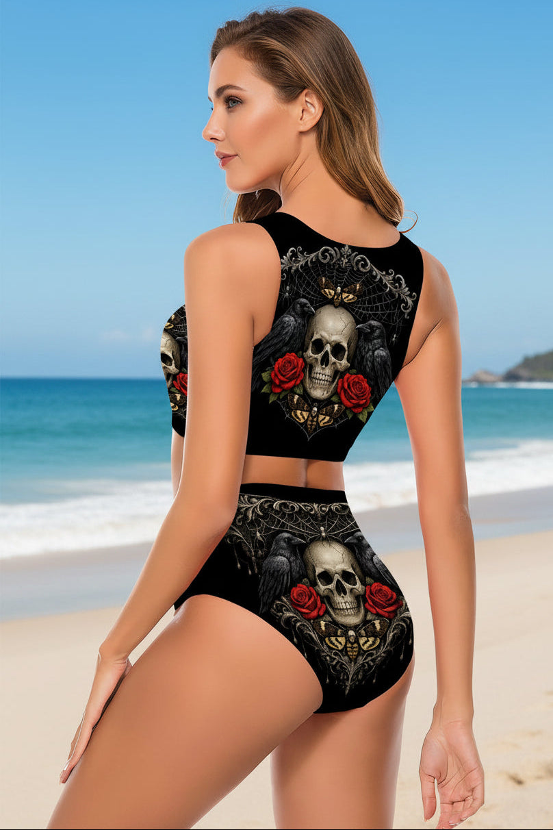 Punkgräfin Dark Romance High Waist Bikini mit Skull, Rosen und Raben Alternative Swimwear