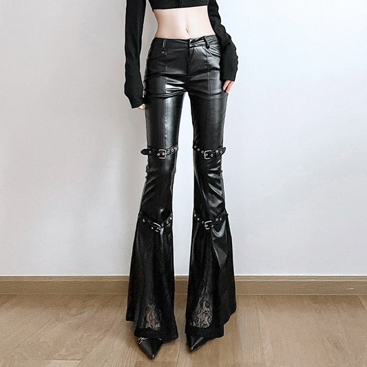 Muschibitch Flared Vegan Leather Pants – Sexy Lace Patchwork Schlaghose