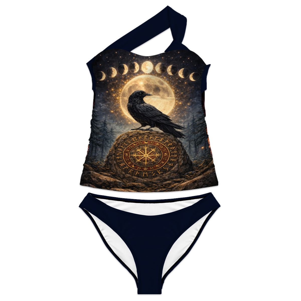 Gothic Wikinger Bikini Damen, Raben auf Keltischen Runenstein Badeanzug mit Mondphasen