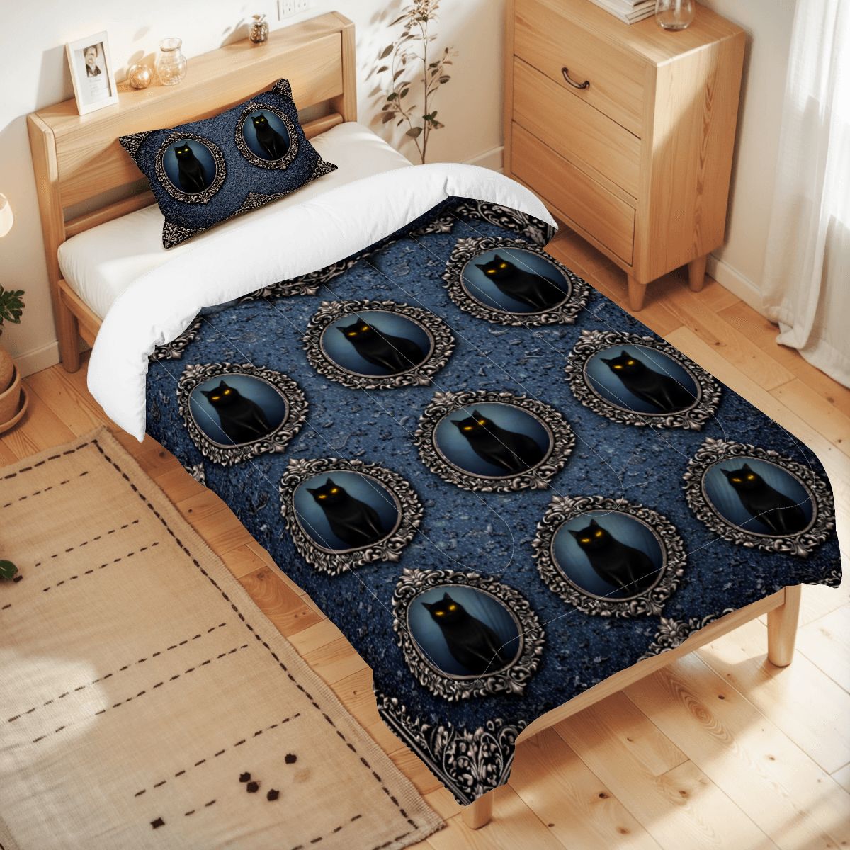 Gothic Bettwäsche blau, schwarze Katze, Twin Comforter Set Dark Aesthetic, Gothicbro Bettdecke mit Kissenbezug