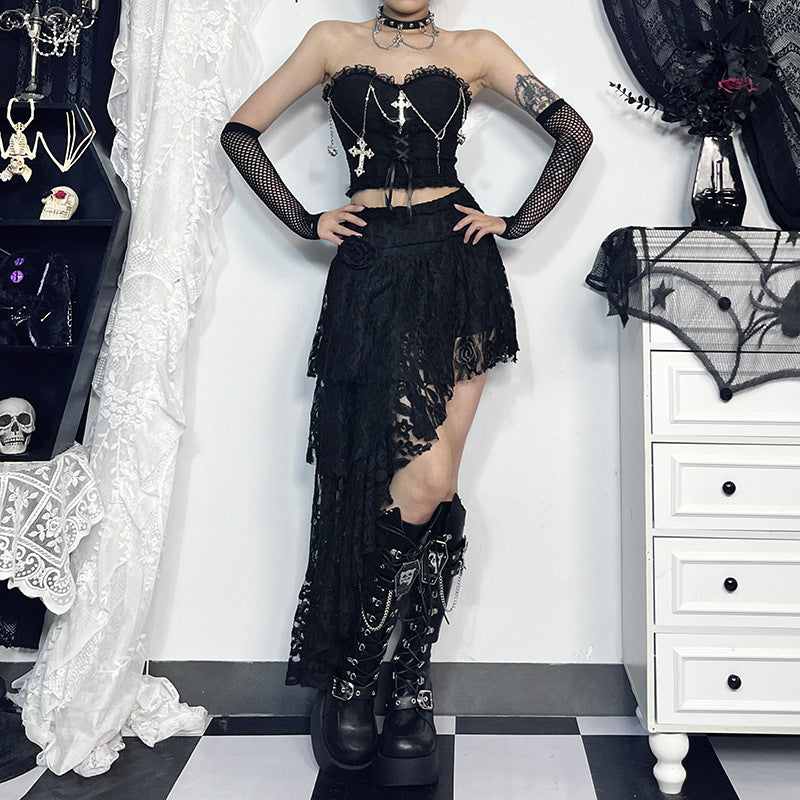 Gothicbro Gothic Korsett Top – Dark Cross Chain Lace Bustier