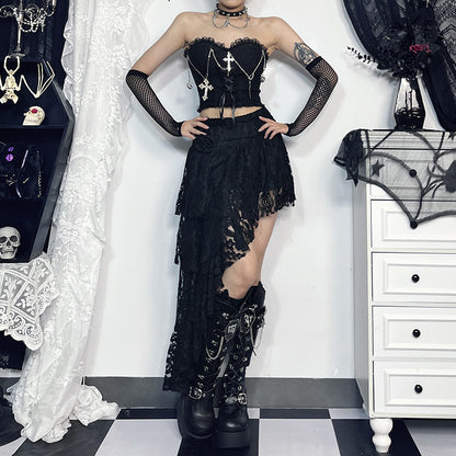 Gothicbro Gothic Korsett Top – Dark Cross Chain Lace Bustier