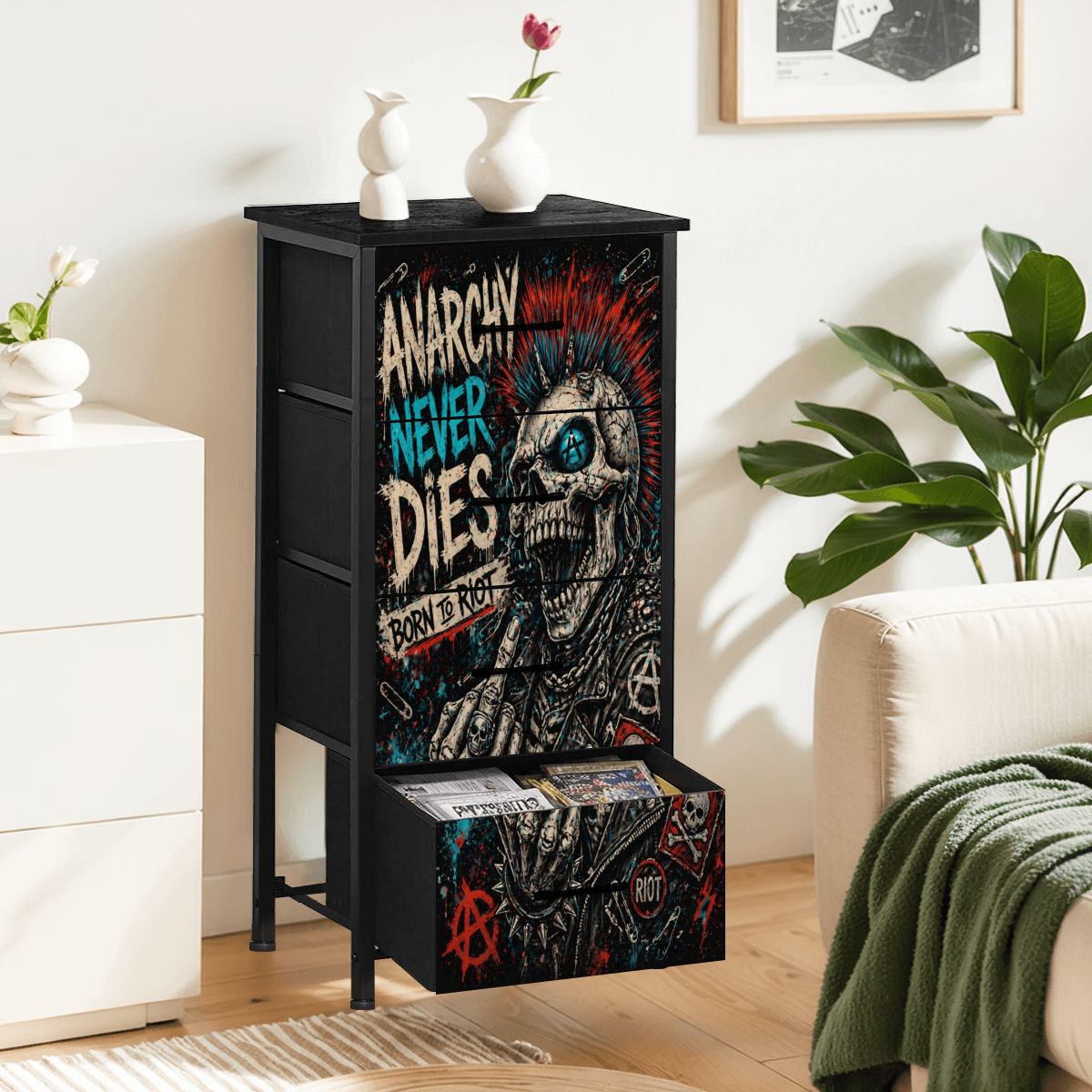 Punk Kommode Schubladenschrank ANARCHY NEVER DIES Designer Möbel, Born To Riot Dresser