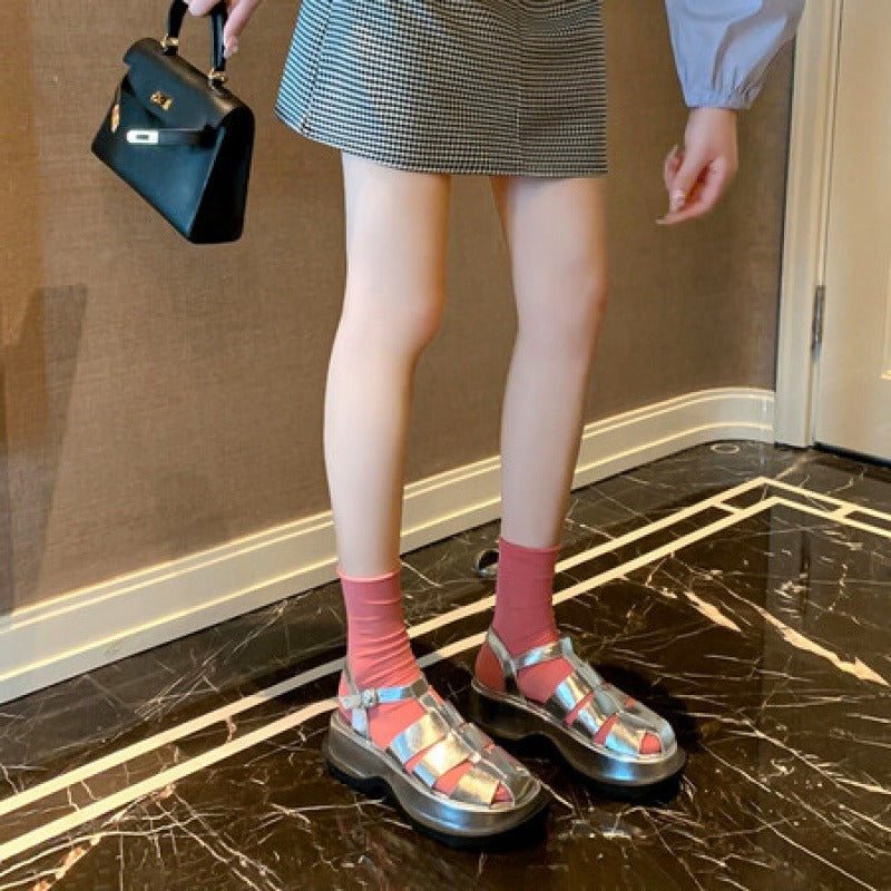 Punkgräfin Metallic Platform Sandalen – Punk Designer Leder Sommer